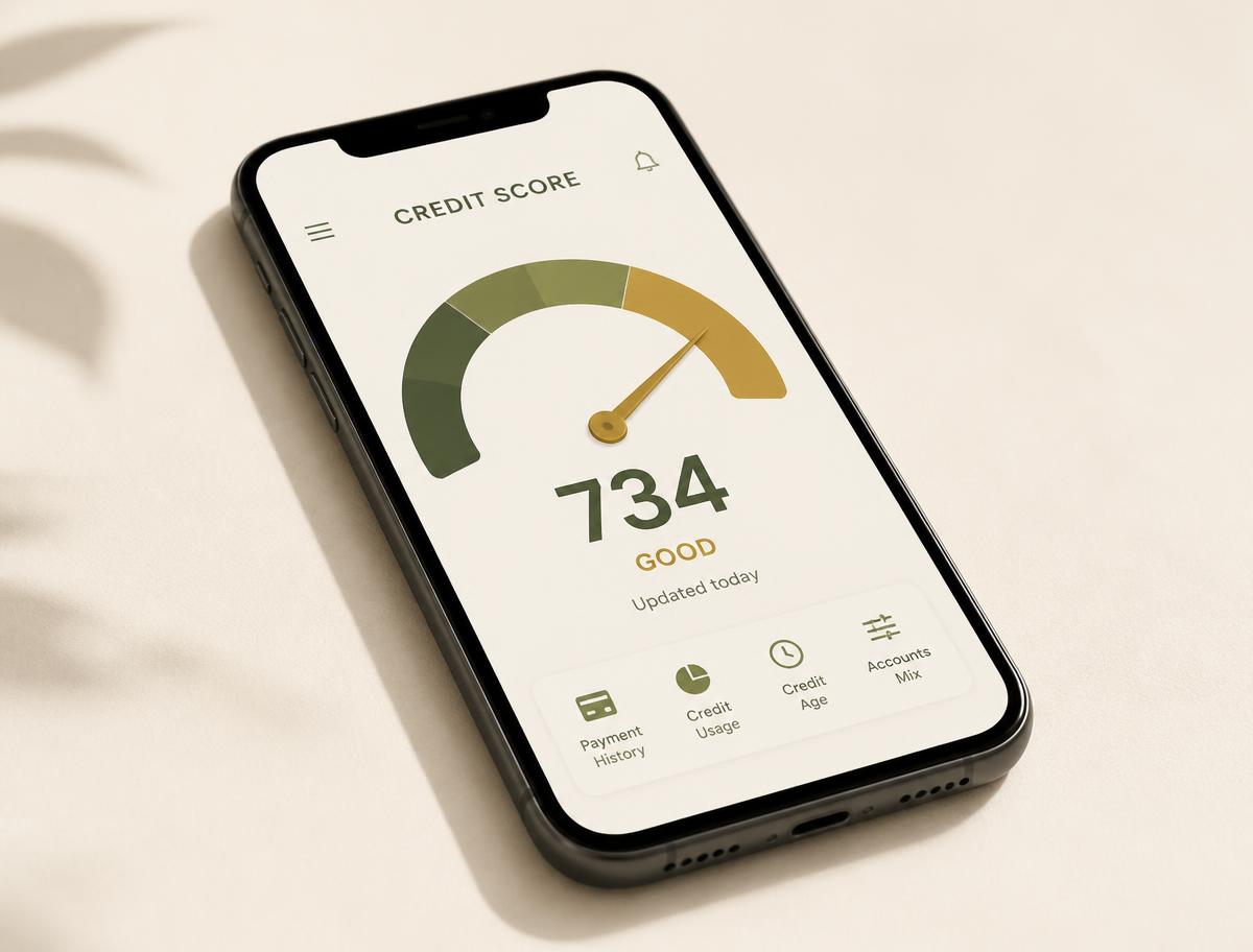 Teléfono mostrando un indicador de puntaje de crédito en verde y dorado